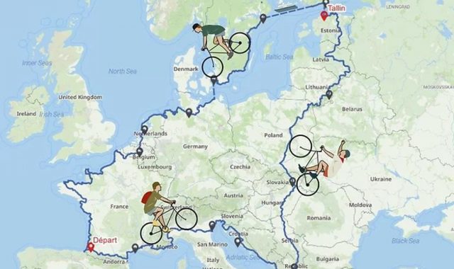 Le parcours d'Into The Ride, une boucle qui part de Tercis-les-Bains et traverse l'Europe en passant par Athènes et Tallinn