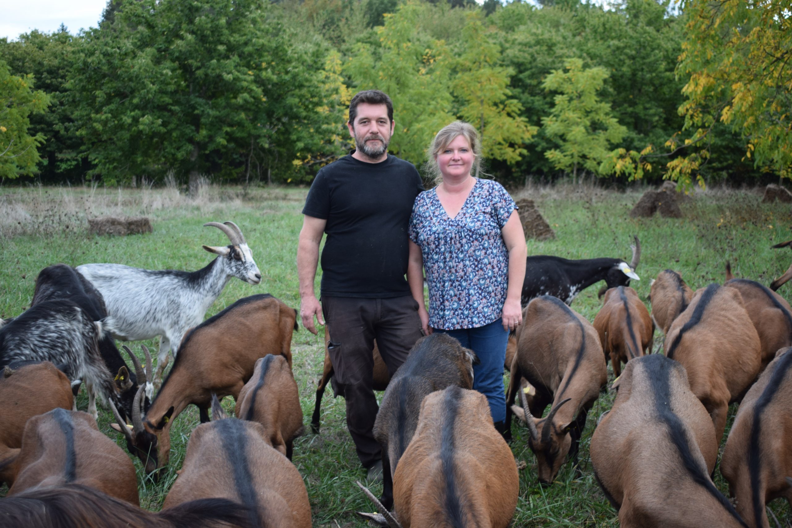 Stéphane et Laetitia Bonnot, les propriétaires de La ferme de la Bon'o'Venture, se tiennent côte à côte au milieu de leur troupeau de chèvres, en pâturage dans les prés autour de l'exploitation.