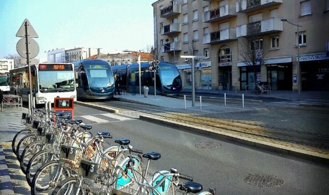 vélo, bus, tranmway dans une rue de Bordeaux