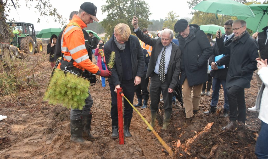 Un groupe de personnes regarde le ministre de l'agriculture et de la forêt Marc Fesneau planter un pin.