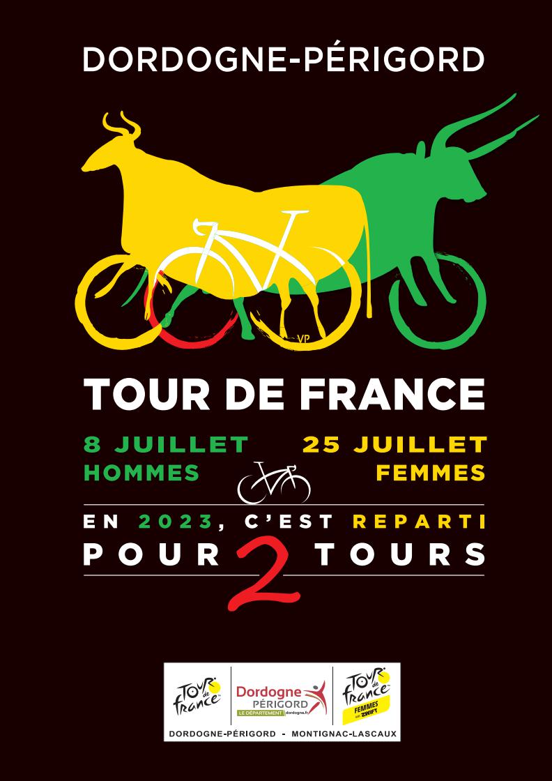 Pour cet événement particulier, avec l'accueil des deux tours, le Conseil départemental de la Dordogne a créé une affiche spécifique. Sur fond noir, elle met en évidence deux bovins, imitations des peintures rupestres de Lascaux, où arrivera l'une des étapes du tour de France femmes avec Zwift. L'un est en jaune, l'autre en vert, chacun étant juste au-dessus des dates de passage des deux Tours en Dordogne.