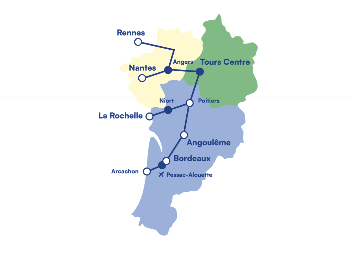 Les différentes destinations que desservira Le Train à terme.