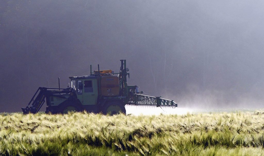Tracteur pulvérisation sur un champ de blé