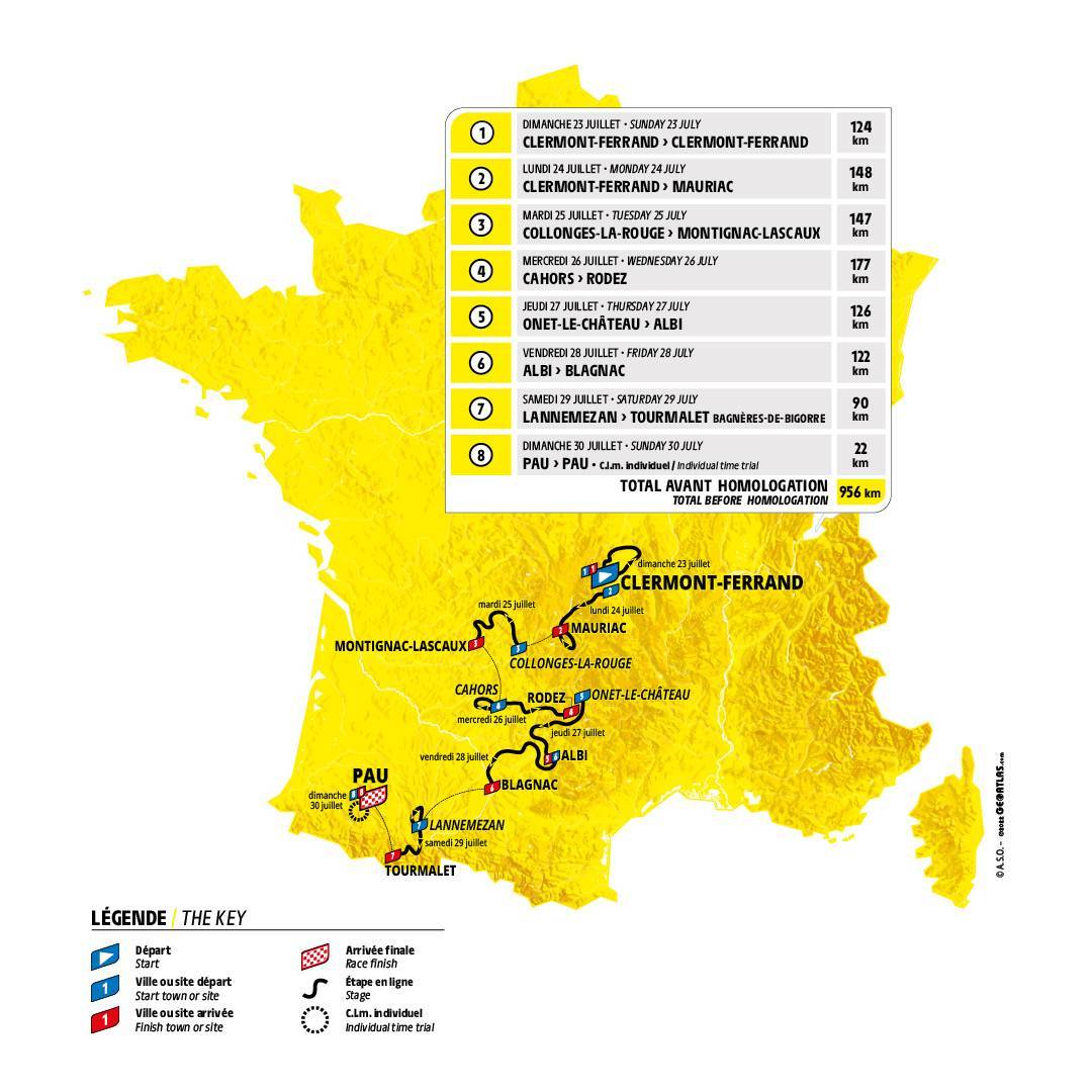 Cette carte du Tour de France femmes by Zwift 2023 permet de situer le parcours de l'épreuve, qui après un départ de Clermont-Ferrand le dimanche 23 juillet, se dirigera vers le sud-ouest de la France, pour une arrivée à Pau le dimanche 30 juillet.