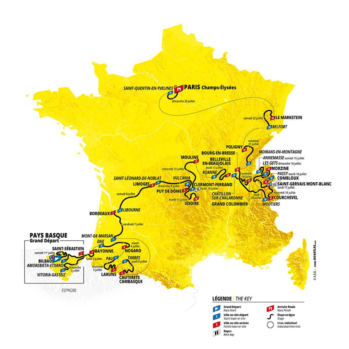 La carte du Tour de France hommes met en évidence le passage de l'épreuve dans trois grands secteurs : le sud-ouest de la France, avec le grand départ depuis le Pays-Basque, puis la transition vers le Massif Central, et enfin de nombreuses étapes autour des Alpes.
