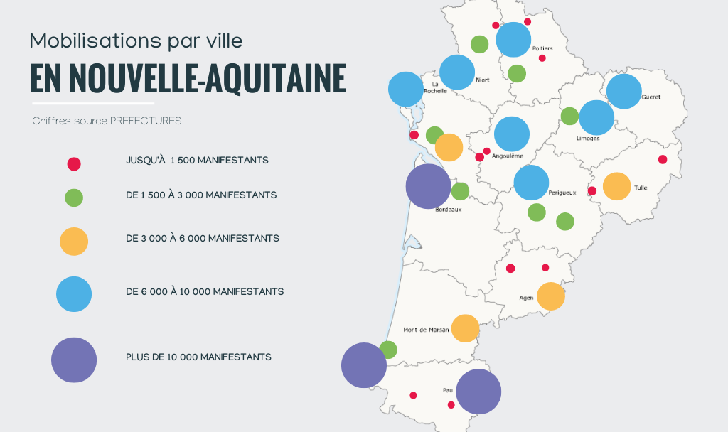 Carte de la mobilisation dans les villes de la région Nouvelle-Aquitaine à l'occasion des manifestations du 7 mars contre la réforme des retraites