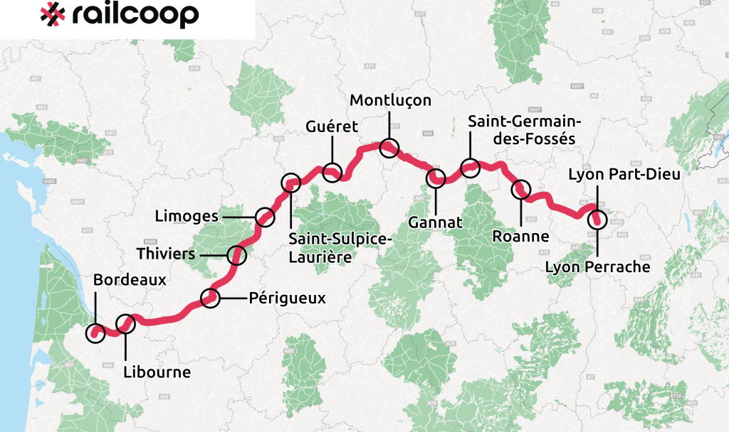 Carte de la ligne Bordeaux Lyon que Railcoop espère ouvrir en 2024