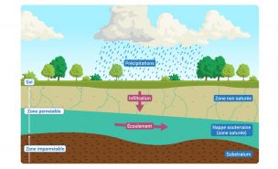 Schéma qui représente les différentes couches du sol et l'écoulement de l'eau dans les nappes phréatiques