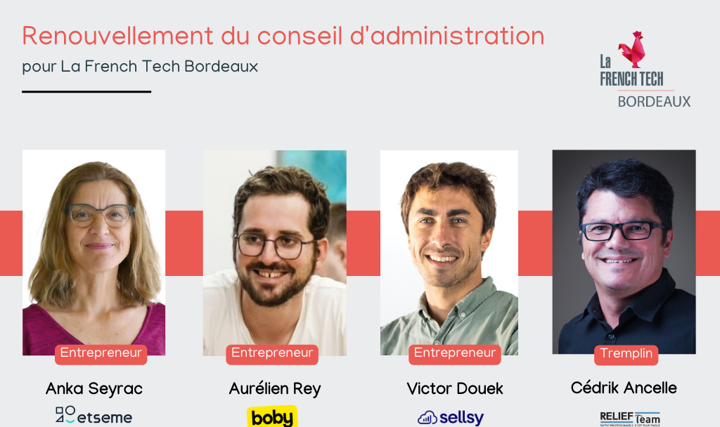 Anka Seyrac, Aurélien Rey, Victor Douek, Cédrik Ancelle, 4 candidats pour le conseil d'administration de la French Tech Bordeaux.