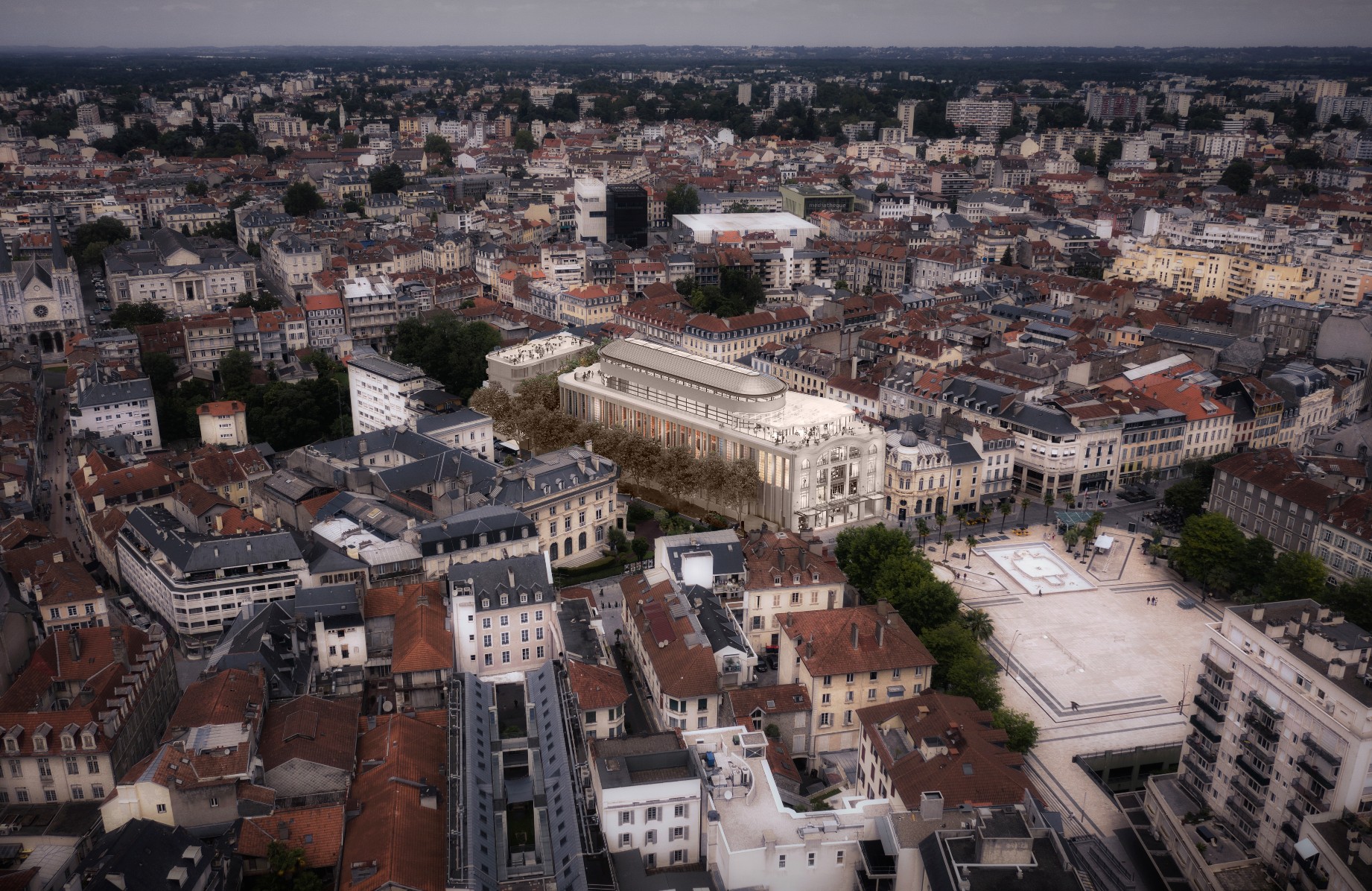 Vue aérienne du bâtiment historique des Galeries Lafayette à Pau - image de synthèse