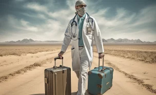 Près de 4 millions de Néo-Aquitains habitent dans un désert médical. © Image générée par l'intelligence articielle MidJourney (prompt : médecin avec son matériel médical, dans un désert, au milieu de nulle part)