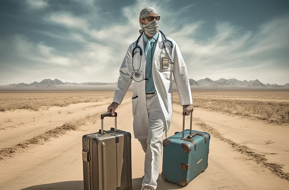 Près de 4 millions de Néo-Aquitains habitent dans un désert médical. © Image générée par l'intelligence articielle MidJourney (prompt : médecin avec son matériel médical, dans un désert, au milieu de nulle part)