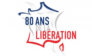 Logo officiel des 80 ans de la libération. Il représente une carte de la France, sur fond blanc, dont les frontières sont bleues (au Nord), grises (au centre) et rouges (au Sud). "80 ans de la Libération" est inscrit sur la carte.