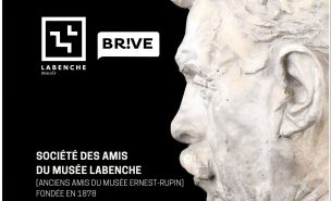 Image promotionnelle de la société des amis du musée Labenche pour promouvoir la collecte de fonds visant à restaurer le buste sculpté par Rodin. Le plâtre est affiché de côté sur un fond noir avec le logo du musée municipal de Brive.