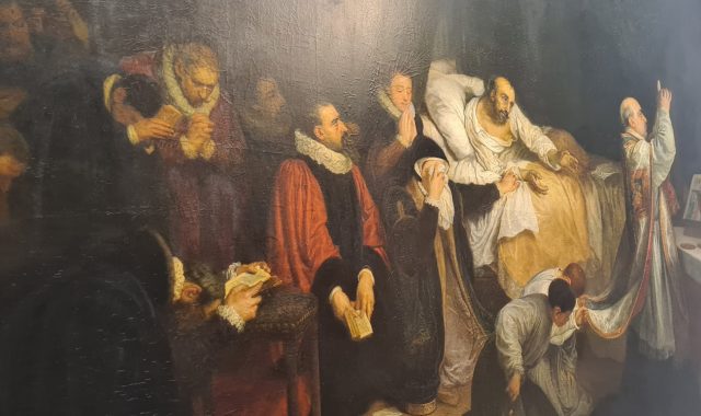Photo de la peinture Derniers moments de Montaigne, où l'on voit l'auteur mourant entouré par sa famille. 