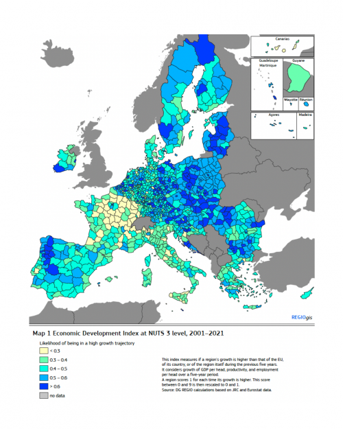 La cartographie des régions européennes de la probabilité d'être dans une trajectoire de croissance élevée