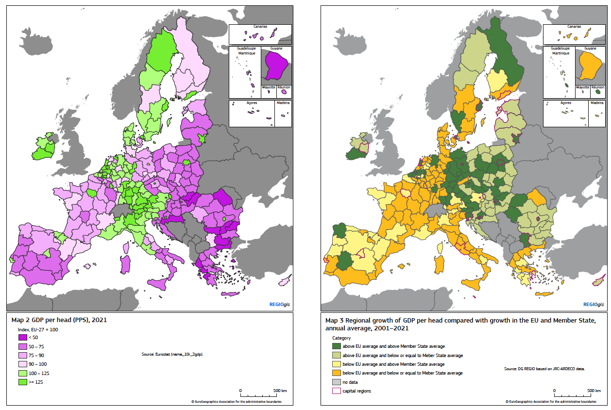 A gauche : PIB par habitant A droite : La moyenne annuelle de la croissance régionale du PIB par habitant comparé à la croissance dans l'UE et dans les Etats membres entre 2001 et 2021