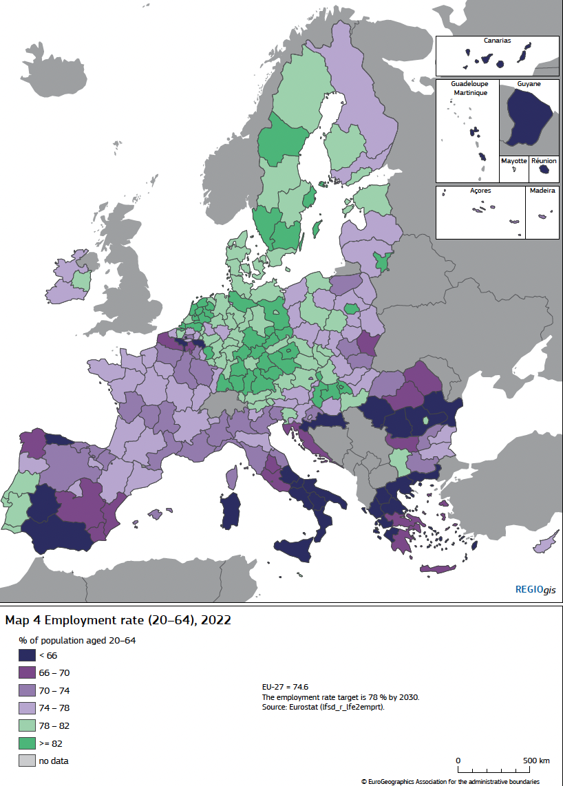 Taux d'emploi par région au sein de l'UE(en 2022)