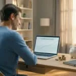 Man in home office reviewing retirement goal progress on laptop, with coins, piggy bank, and planner on desk.