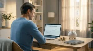 Man in home office reviewing retirement goal progress on laptop, with coins, piggy bank, and planner on desk.