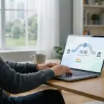 Young man focused on a laptop displaying a digital banking interface with transfer timing and progress bars in a bright home office.