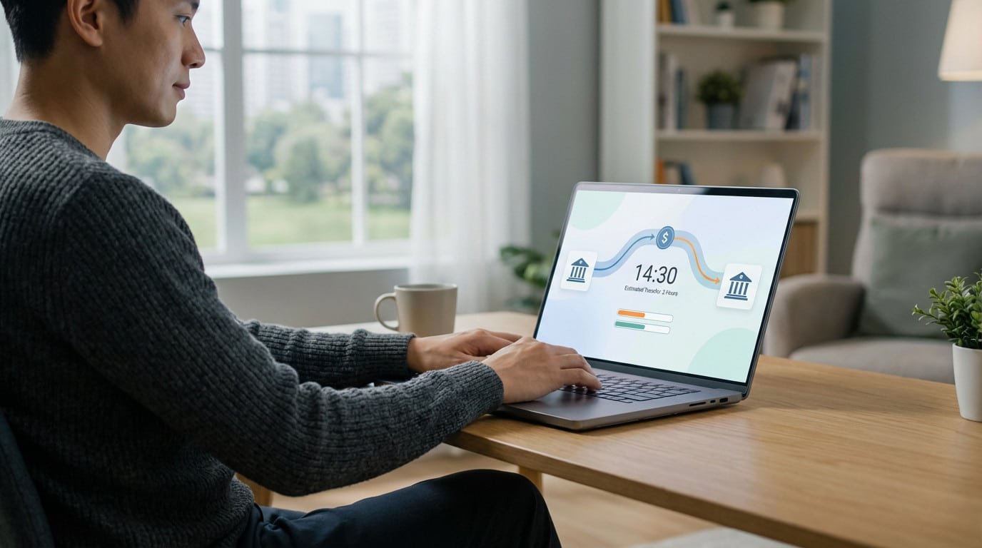 Young man focused on a laptop displaying a digital banking interface with transfer timing and progress bars in a bright home office.