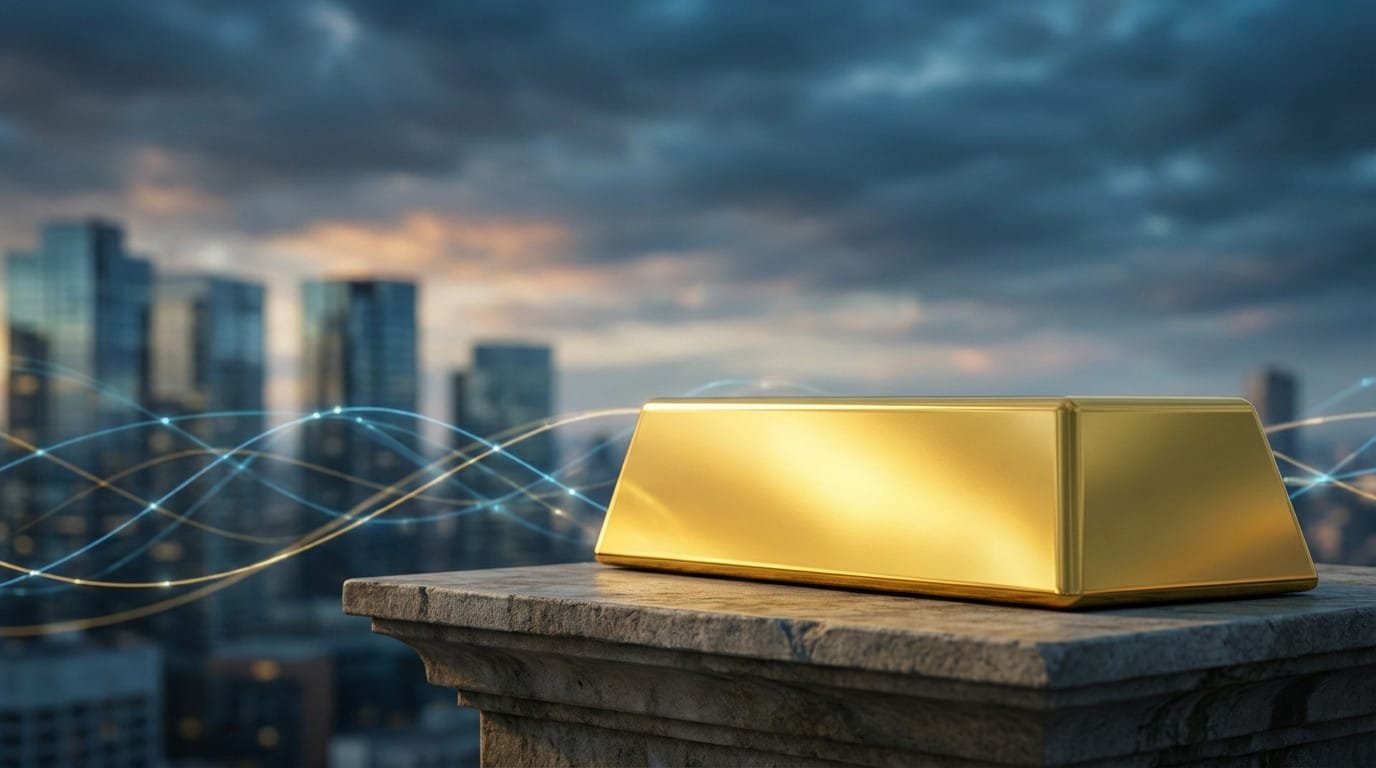 A prominent gold bar on a stone ledge against a blurred city skyline with glowing network lines and a dramatic blue-gray sky, signifying global wealth.