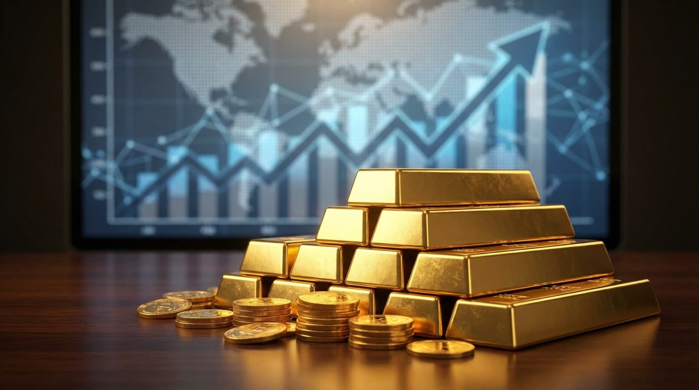 A stack of gleaming gold bars and coins in the foreground with a blurred digital screen displaying an upward financial graph and world map in the background.