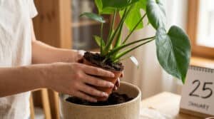 Close-up of hands repotting a vibrant Monstera plant from a small pot into a larger ceramic pot with fresh soil. Blurred background shows a cozy home and 'January 25' on a calendar.