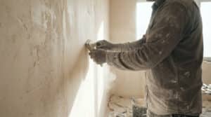 Person in gloves sanding a light plastered wall; rough and smooth sections visible with dust in bright light.