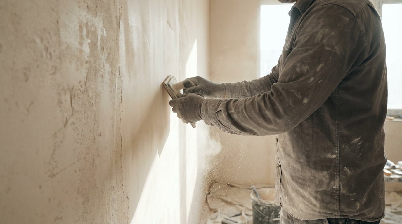 Person in gloves sanding a light plastered wall; rough and smooth sections visible with dust in bright light.
