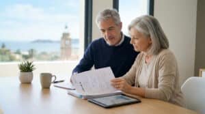Older couple reviewing 'Certificat de Vie' and financial data on a tablet at a modern desk with a scenic coastal view background.