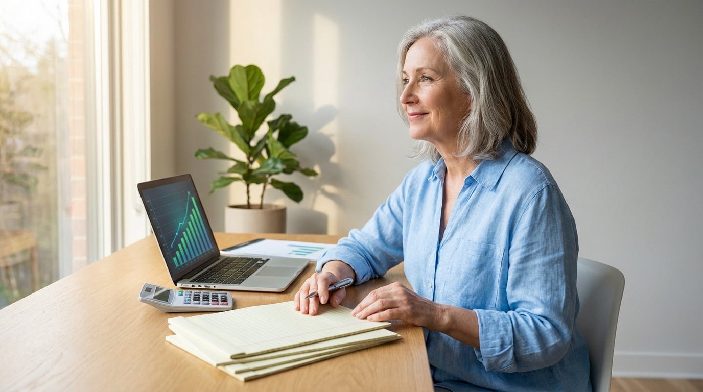 A serene senior woman in a blue blouse sits at a wooden desk with a laptop showing financial charts, calculator, and documents, planning finances. Natural light fills the home office.