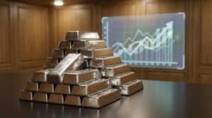 A pyramid of gleaming fine silver bars on a dark table. A holographic financial chart with upward trends for 2026 is subtly visible in the background.