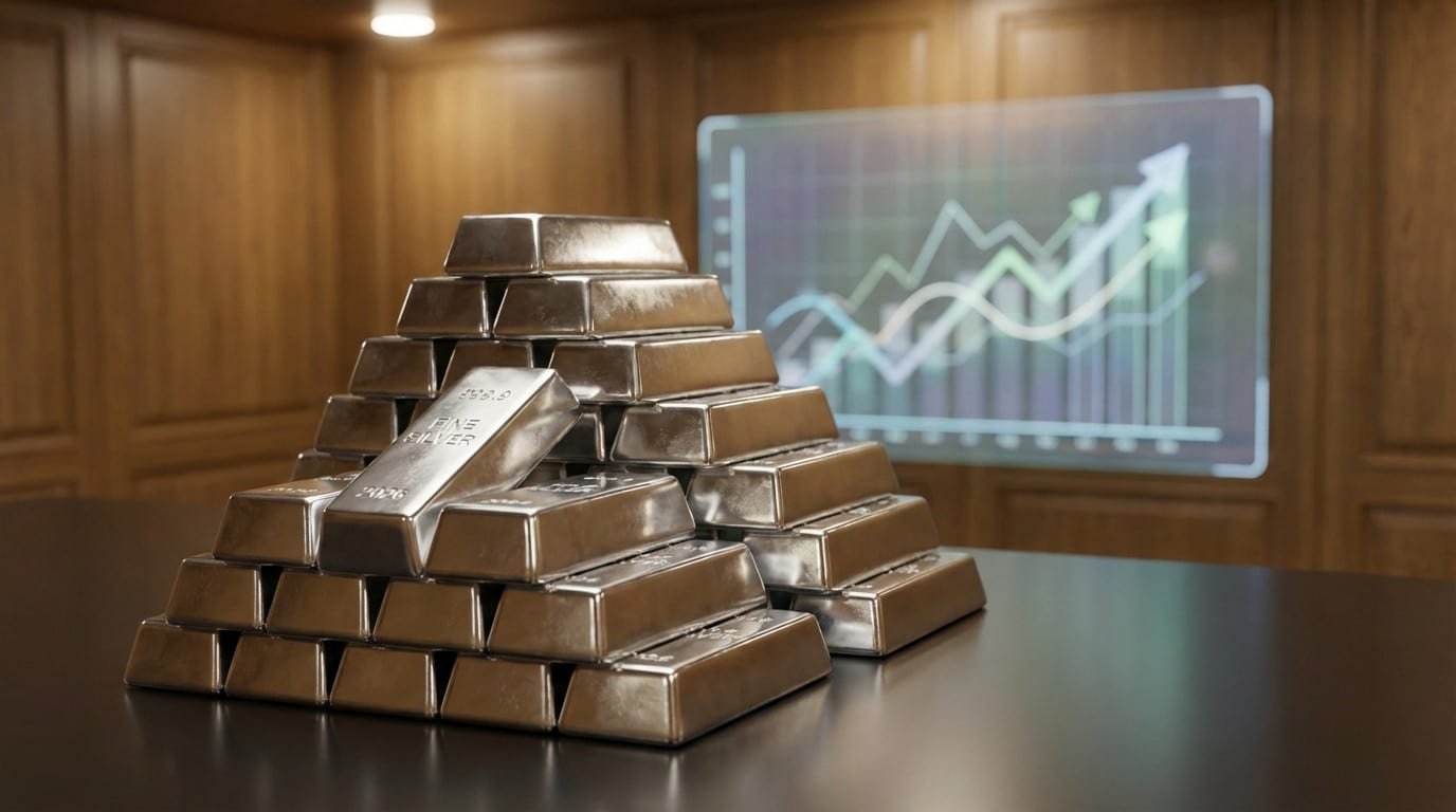 A pyramid of gleaming fine silver bars on a dark table. A holographic financial chart with upward trends for 2026 is subtly visible in the background.