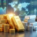 Investor contemplating gold and silver bars/coins with financial data and a world map in the background, representing market analysis.