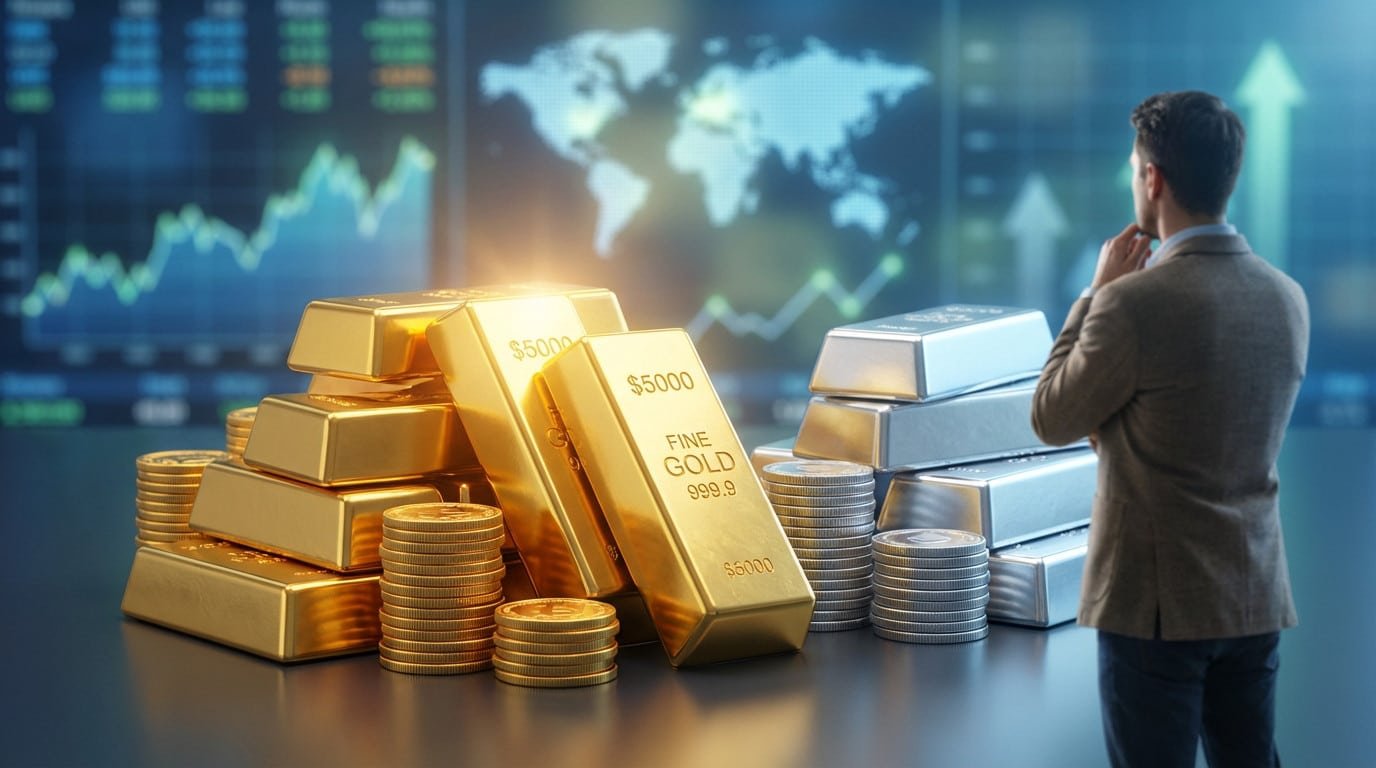 Investor contemplating gold and silver bars/coins with financial data and a world map in the background, representing market analysis.