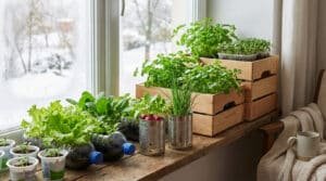 Vibrant indoor winter garden with lettuce, radishes, and herbs in upcycled containers on a wooden sill, frosty window background.