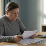 Senior person reviews retirement plan documents at a desk with a 2026 calendar. A military photo is in the soft-lit home office.
