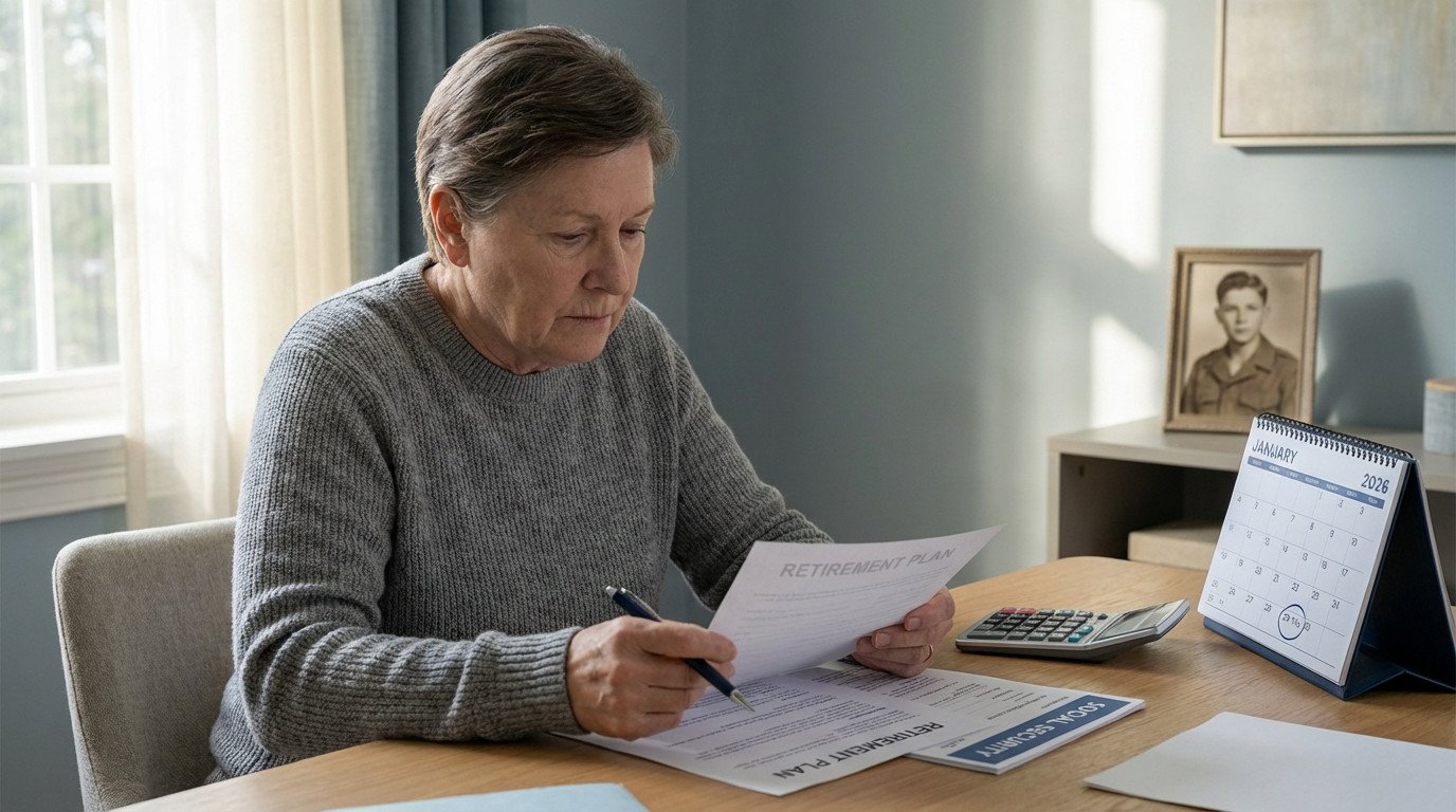 Senior person reviews retirement plan documents at a desk with a 2026 calendar. A military photo is in the soft-lit home office.