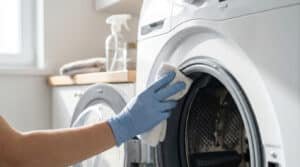 Close-up of a gloved hand cleaning a washing machine's rubber seal with a white cloth in a bright laundry room. A cleaning spray bottle is in the background.