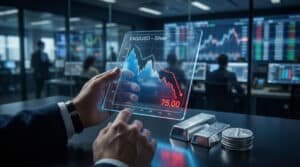 Main tenant une tablette transparente montrant le cours de l'argent (XAG/USD) à 75 dollars, avec des lingots et des pièces d'argent sur une table dans une salle de marché.