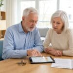 Anonymous older couple reviewing financial data on a tablet and a pension statement, looking contemplative and concerned.