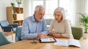 Anonymous older couple reviewing financial data on a tablet and a pension statement, looking contemplative and concerned.