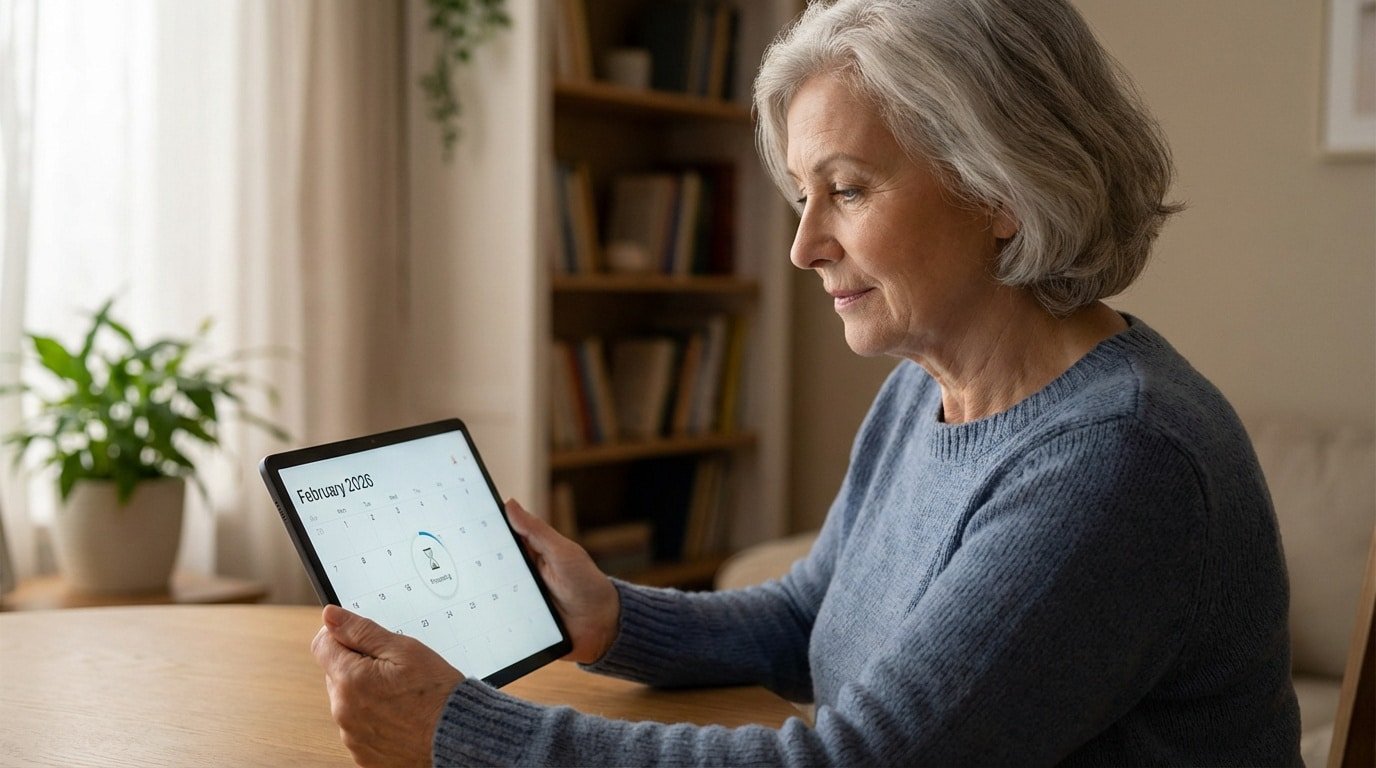 Femme âgée aux cheveux gris regardant un calendrier "Février 2026" sur une tablette. Un sablier marque la date de "Processing".