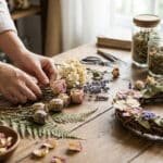 Des mains créent une composition florale durable avec des fleurs séchées (roses, lavande) et une couronne végétale sur une table en bois.