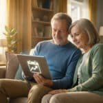Un couple de seniors souriants sur un canapé, regardant une tablette affichant un calendrier avec une flèche de hausse.