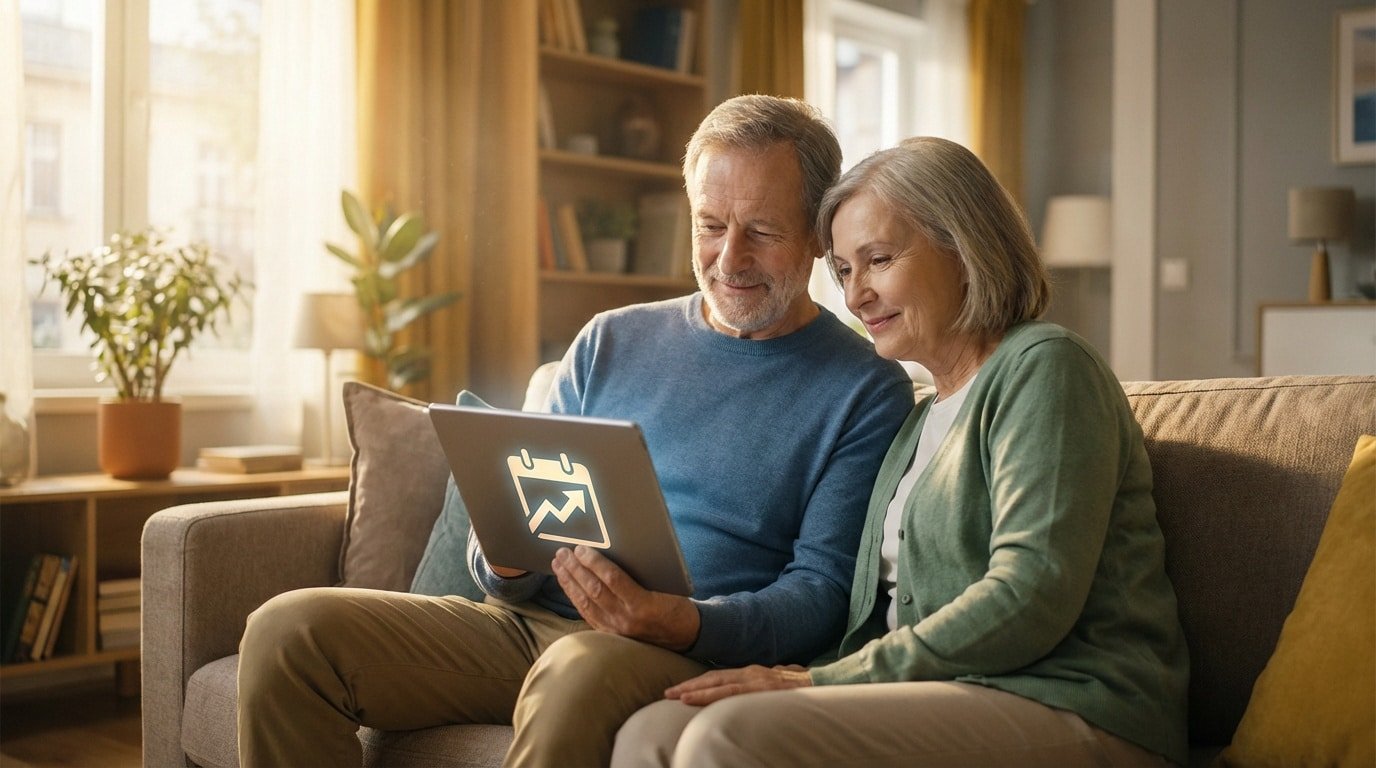 Un couple de seniors souriants sur un canapé, regardant une tablette affichant un calendrier avec une flèche de hausse.
