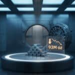 Représentation 3D de lingots d'argent dans un coffre-fort avec un affichage numérique indiquant une baisse de 93 millions d'onces.