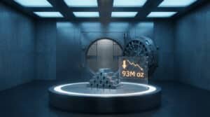 Représentation 3D de lingots d'argent dans un coffre-fort avec un affichage numérique indiquant une baisse de 93 millions d'onces.